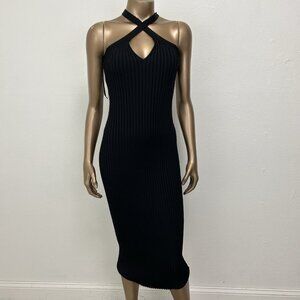 New Bebe Lindsey‎ Halter Black Ribbed Bodycon Maxi Dress Size L Sleeveless